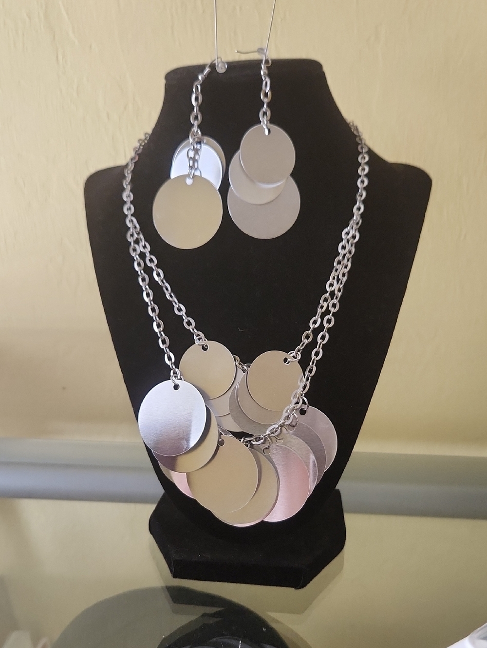 Layered Silver Disc Necklace and Matching Dangle Earrings